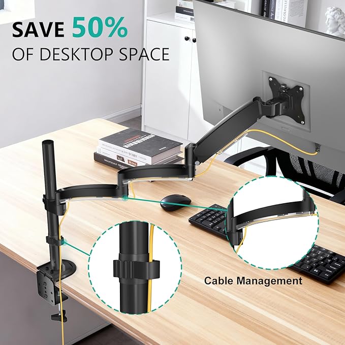 WALI Single Long Monitor Arm - up to 32 inch Computer Monitor Arm Desk Mount, Hold up to 19.8lbs, Extra Long Adjustable Stand, Full Motion Tall Arm, VESA 75/100mm, (GSDM001L)