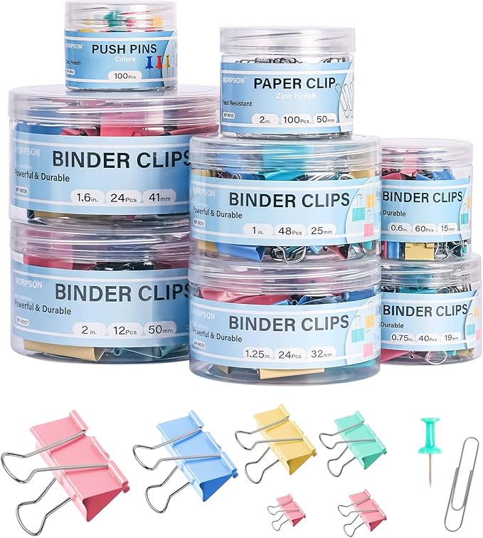 408 PCS Binder Clips Paper Clamps Assorted Sizes and Push Pins, Binding Paperwork Clamp Bulk, School Teachers Office Supplies (Multicolor)