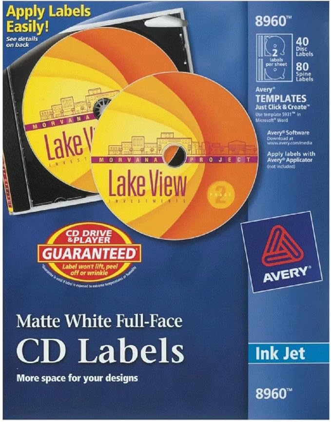 Avery Printable Full-Face CD Labels, Matte White, Permanent Adhesive, Laser/Inkjet Printable, 40 Disc & 80 Spine Labels, Ideal for CDs, DVDs, PC Discs, Media Projects & More (8960) (Pack of 5)