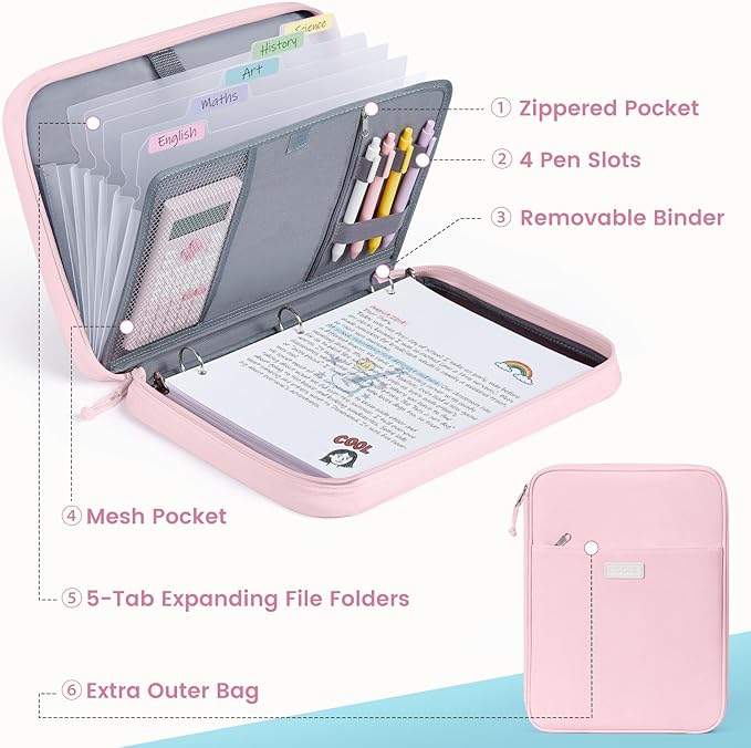 Sooez Zipper Binder Bag, 1 Inch Binders 3 Ring O-Ring, 5-Tab Dividers Expanding File Folder, 420-Sheet Capacity Three Ring Binder, Cute Organizer Storage for Student School Classroom Supplies, Black