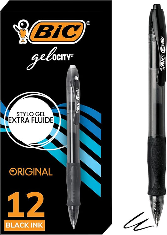 BIC Gelocity Original Black Gel Pens, Medium Point (0.7mm), 12-Count Pack, Retractable Gel Pens With Comfortable Grip