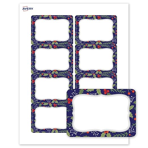 Avery Printable Christmas Adhesive Name Badges, Rectangle, 2-1/3" x 3-3/8", Pre-Printed Navy Border with Silver Metallic Frame Design, Matte White, Laser & Inkjet Compatible, 80 Total