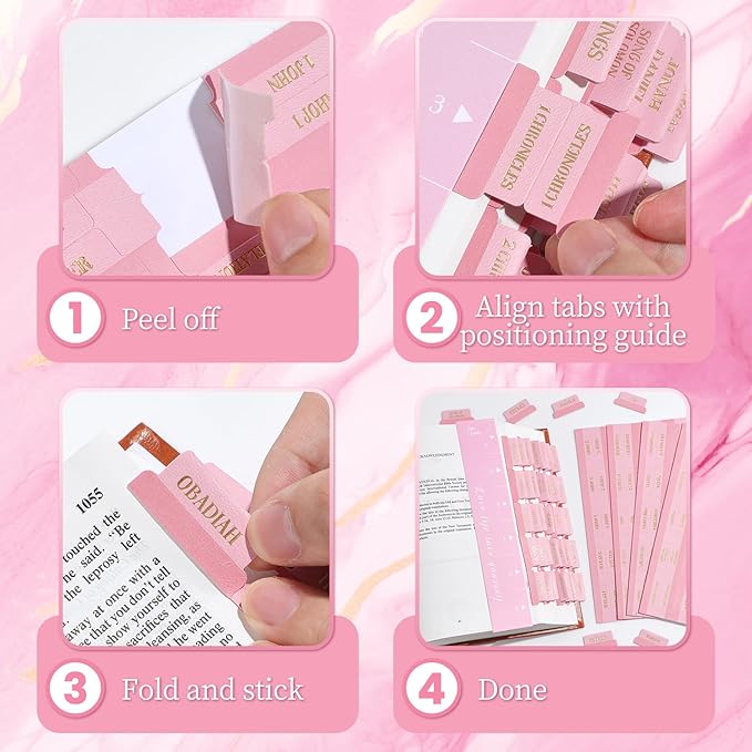 Leather Bible Tabs, Bible Tabs for Women and Men(Gold Foil Lettering) Large Print Stickers, Easy to Read and Apply, 66 Chapters & 14 Blank DIY Labels for Easy Navigation, Christian Accessories(Pink)
