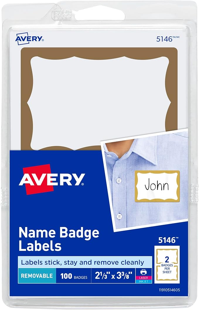 Avery Customizable Name Tags, 2-1/3" x 3-3/8", White with Gold Border, 100 Removable Name Badges (05146)