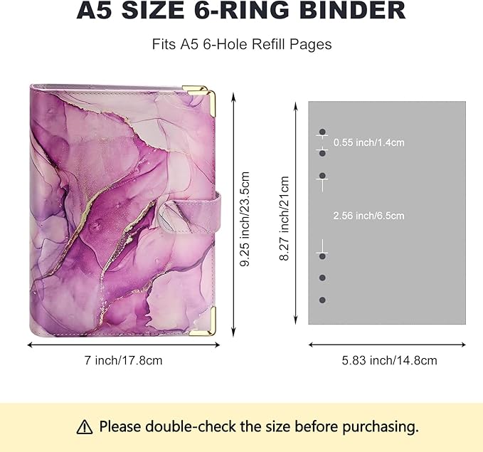 A5 Refillable 6 Ring Faux Leather Budget Binder,Mini Notebook Binder Cover for A5 Filler Paper,Loose Leaf Personal Planner Cover with Magnetic Buckle Closure(Marble Purple)
