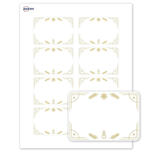 Avery Printable Christmas Adhesive Name Badges, Rectangle, 2-1/3" x 3-3/8", Pre-Printed Metallic Gold Christmas Trees Design, Matte White, Laser & Inkjet Compatible, 80 Total