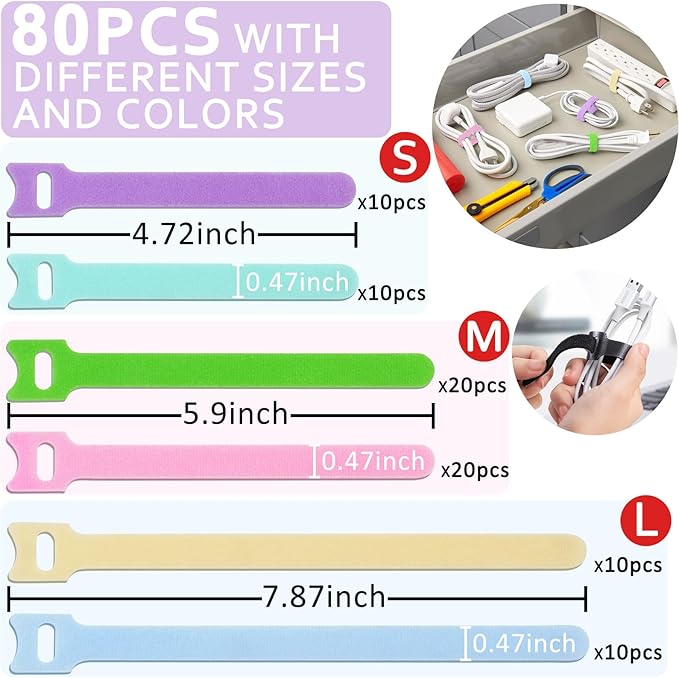80pcs Cable Ties Reusable Macaron-inspired Color Wire Ties Cable Management Cord Ties Reusable for Electronics Hook and Loop Cable Ties for Computer 4 6 8 Inch with 6 Vibrant Colors