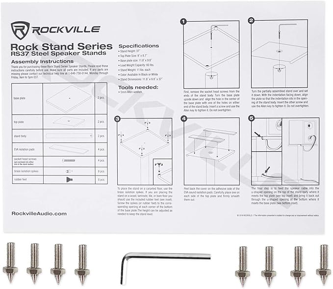 Rockville Pair RS37W V2 37" Steel Bookshelf Speaker/Studio Monitor Stands, 60 lbs Capacity, Cable Management, Anti-Vibration Pads, Adjustable Feet, for Home Audio and Studio Monitoring