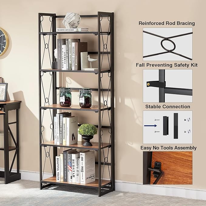 VECELO Folding Bookshelf 5-Tier,Industrial Metal Frame & Wood Shelves,Foldable Bookcase No Assembly Free Standing Storage Organizer for Living Room,Office,Bedroom