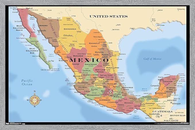 Map - Mexico Wall Poster, 22.4L" x 14.7W", Gray Framed Version