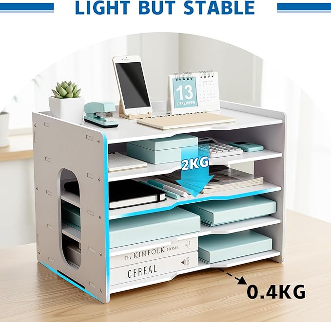 File Organizer Paper Sorter 5 Tier File Desktop Document Holder White Paper Sorter Desk for Office, Home or School (5 Tier File Organizer)