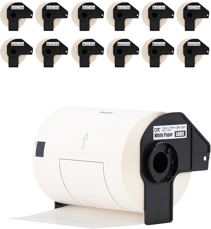 Brother Genuine DK-124712PK Die-Cut Large Shipping Labels, 4.07 in x 6.4 in (103 mm x 164 mm), White Paper Labels, 180 per Roll, 12 Rolls per Box, for use with Select Brother QL Label Printers
