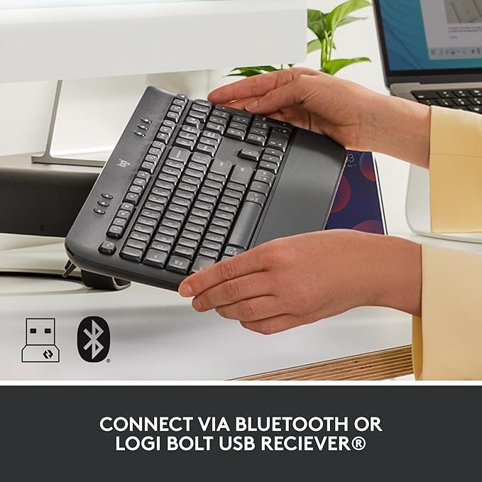 Logitech Signature K650 Comfort Full-Size Wireless Keyboard with Wrist Rest, BLE Bluetooth or Logi Bolt USB Receiver, Deep-Cushioned Keys, Numpad, Compatible with Most OS/PC/Window/Mac - Graphite