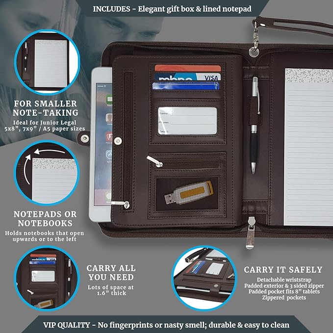 Customized Junior Zippered Leather Padfolio - Name/Logo Printed on Dark Brown PU Leather Portfolio Binder & Organizer Folder with 8 Inch Tablet Sleeve & with Junior Legal Notepad