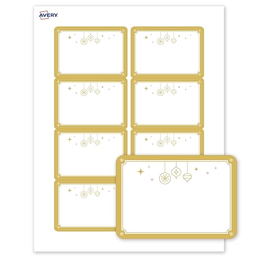 Avery Printable Christmas Adhesive Name Badges, Rectangle, 2-1/3" x 3-3/8", Pre-Printed Metallic Gold Hanging Ornaments Design, Matte White, Laser & Inkjet Compatible, 80 Total