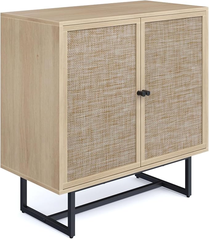 Nathan James Kova Accent Sideboard Storage Cabinet in Light Wood and Rattan with Metal Frame, Adjustable Shelves and Cane Doors, for Hallway, or Living Room, Light Oak/Cane/Black