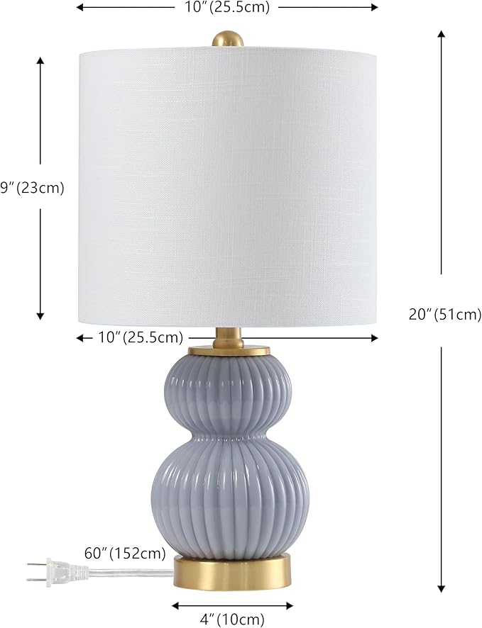 JONATHAN Y 20" Gray/Brass Gold Ribbed Gourd Glass Table Lamp, Modern Bedside Lamp for Bedroom Living Room, White Linen Drum Shade, LED Bulb Included (JYL1099C)