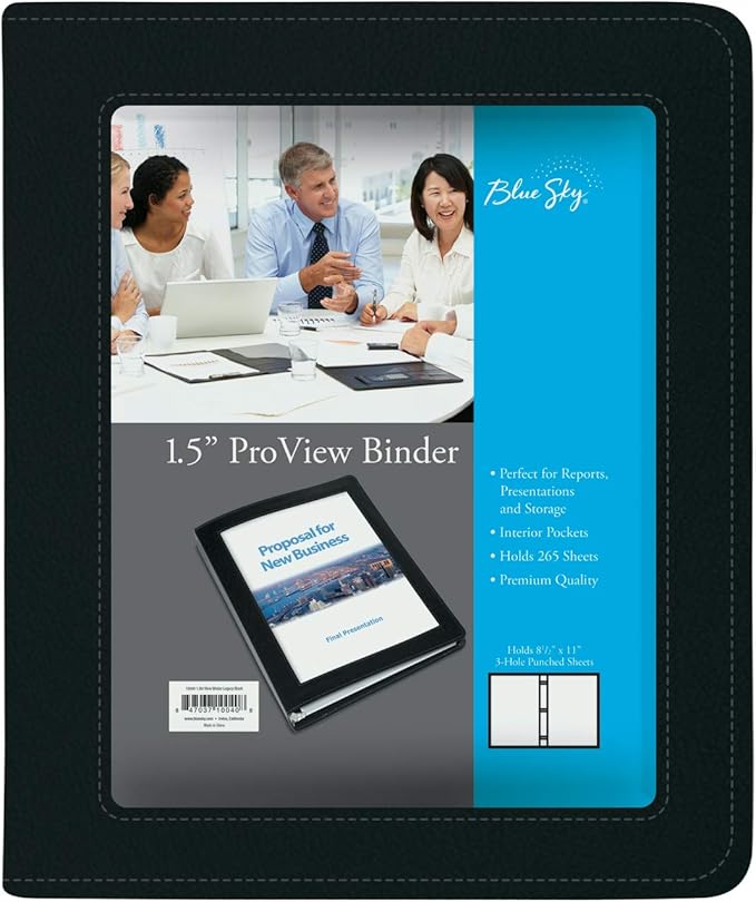 Blue Sky ProView Legacy Black 3 Ring Binder, Letter Size, 1.5", Textured Faux Leather Cover, Built in Pockets, Holds 265 Sheets (10040)