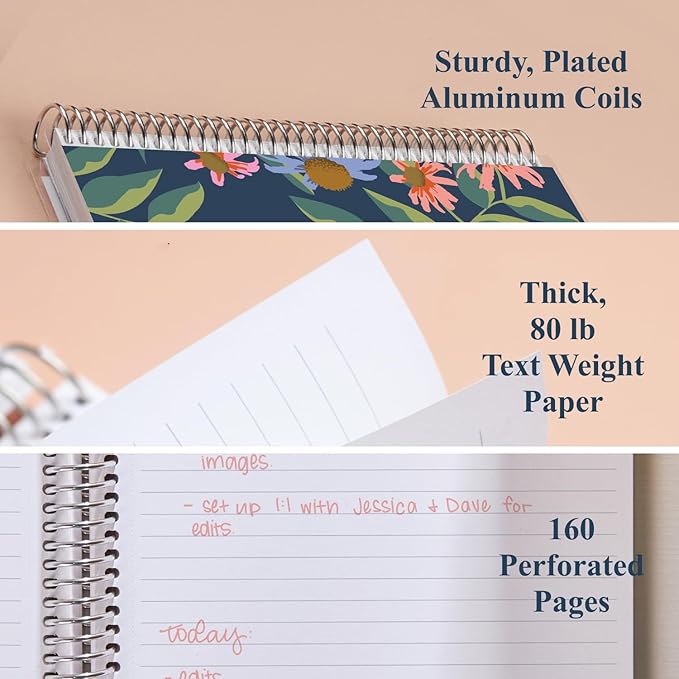Erin Condren 7” x 9” Lined Spiral Notebook, College-Ruled Layout with 80 Lb. Paper, Daisy Blooms Cover, 160 Lined Notebook Pages, Platinum Coil, Stickers Included