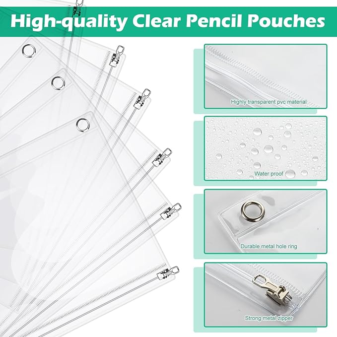 Lincia 24 Pack Clear Pencil Pouch for 3 Ring Binder Pencil Case with Zipper 3 Ring Binder Pocket Insert Bag 10 x 7'' Visible Cash Envelope with Re-enforced Grommet for Office (Clear)