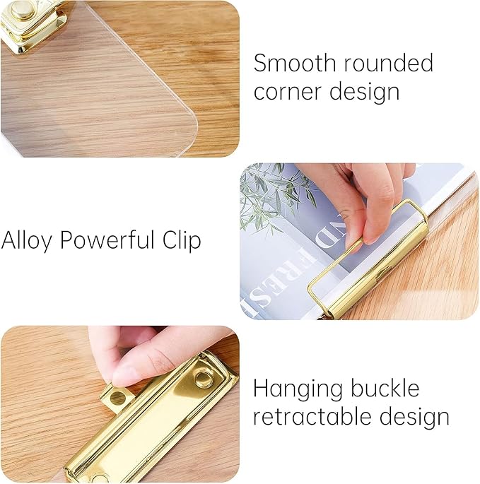Honagu Acrylic Clear Clipboards, 8.5x11 Plastic Clipboard with Gold Strong Clip Hidden Hanging Hole, A4 Letter Size Clipboards for Nurses, Doctors, Art Student, Teachers,School & Office Supplies, 4PC