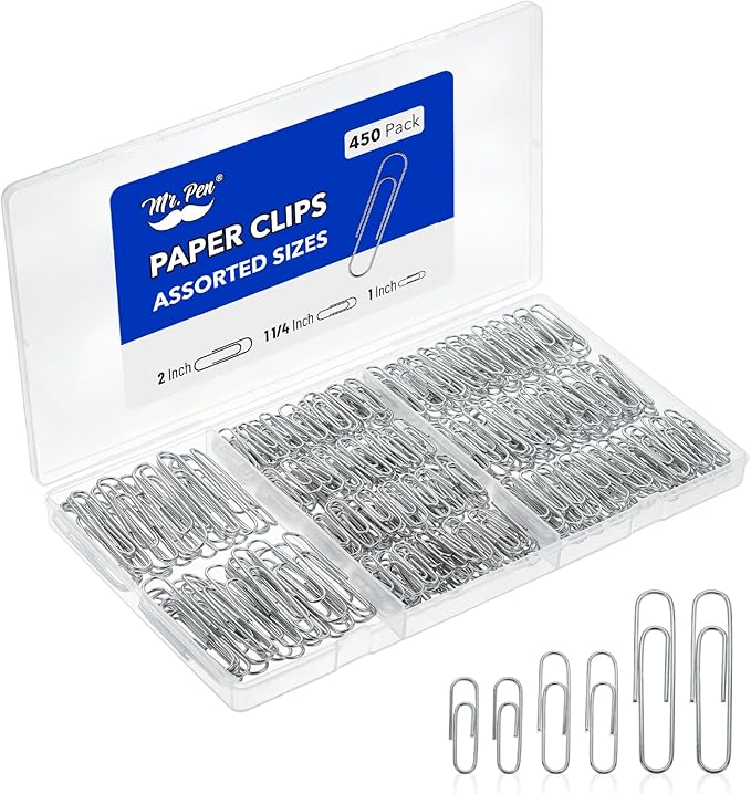 Mr. Pen- Silver Paper Clips, 450 pcs, 1", 1-1/4", 2", Zinc Galvanized Silver Paper Clips with Storage Box, Large and Small for Office, School, DIY, Binder Clips, Business Card Holders & Envelope Clips