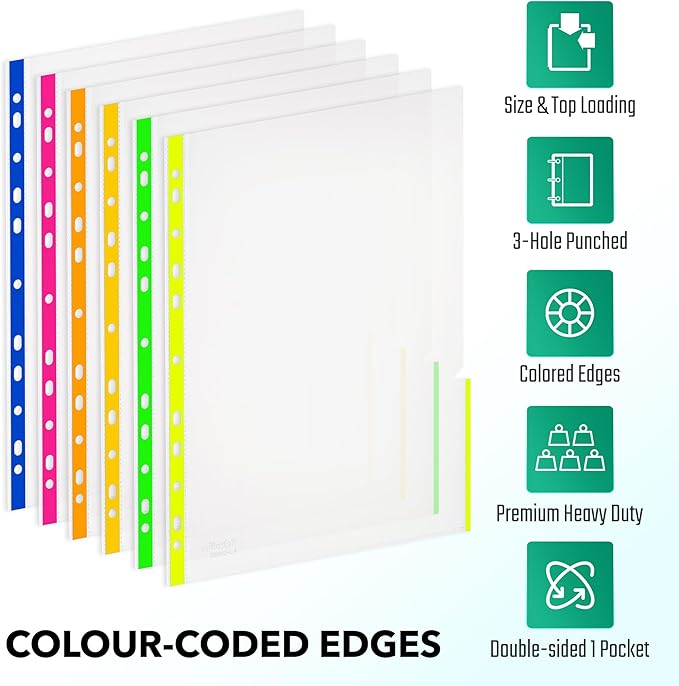 48 Pack, Color Edges Plastic Sheet Protectors 8.5"x11", Premium Heavy Duty, Top & Side Loading, Page Protectors Sheet Reinforced 11-Hole Fit for 2/3/4 Ring Binder