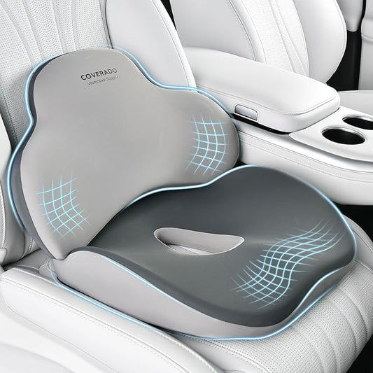 Coverado Seat Cushion and Lumbar Support Pillow for Car Office Chair, Ergonomic Memory Foam Desk Chair Cushion Back Support Pillow, Sciatica & Back & Tailbone Pain Relief Cushion