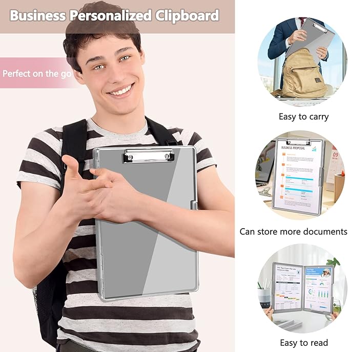 SFLHHDM Clipboard with Storage,Heavy Duty Clip Boards 8.5x11 with 2 Storage Case,Clear Visible Panel Storage Clipboards,Side Opening Nursing Clipboard Folder for Office Supplies-Gray