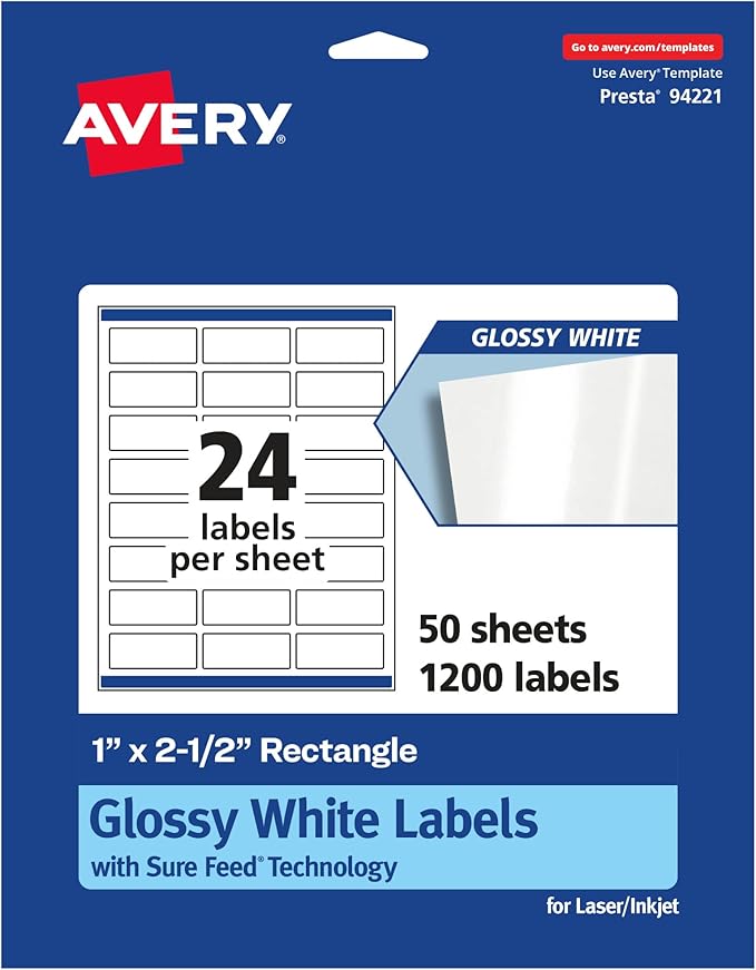 Avery Glossy White Rectangle Labels, Sure Feed Technology, 1" x 2.5", 1,200 Glossy White Labels, Permanent Adhesive, Laser/Inkjet Printable