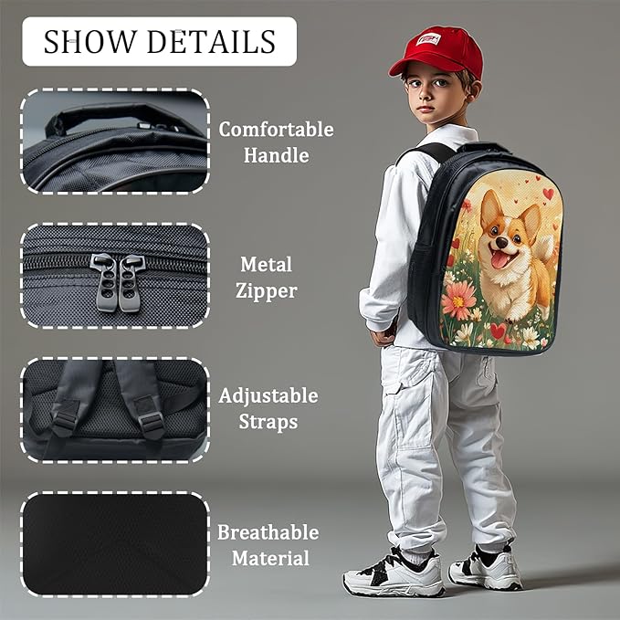 Cute Corgi Backpack Set 3 Piece School Bags and Lunch Box with Pencil Case Funny Dog Animal Bookbag Set for Toddler Kids Girls Boys Teens Kindergarten Elementary Middle