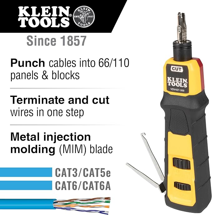 Klein Tools VDV427-300 Impact Punchdown Tool with 66/110 Blade, Reliable CAT Cable Connections, Adjustable Force, Includes Pick and Spudger