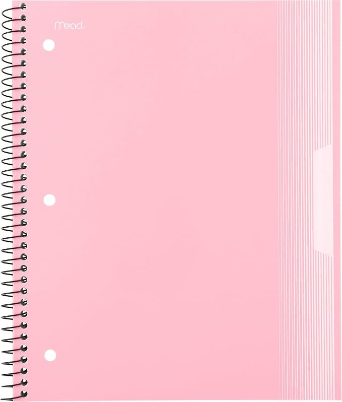 Mead Spiral Notebook, 1 Subject, Wide Ruled Paper, Plastic Cover, 8" x 10-1/2", 100 Sheets, Pastel Pink (930092B)