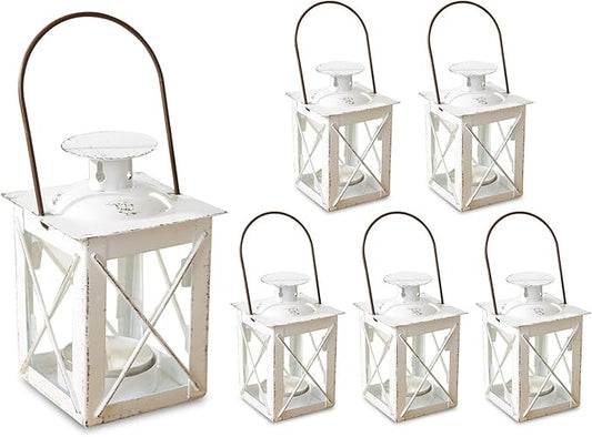 Kate Aspen Decorative Lanterns - Set of 6 - Luminous Distressed Metal Lantern Candle Holders for Wedding, Home Decor and Party - 4.5" H (6.5" H with Handle) – White