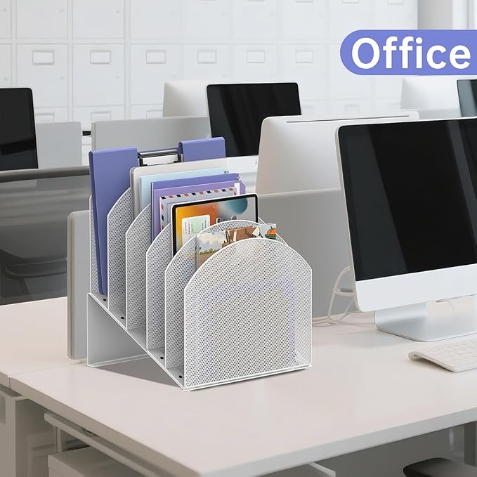 5-Section Desk File Organizer, Vertical File Organizer for Desk, Mesh Mail Holder for Letter Size Folders, White