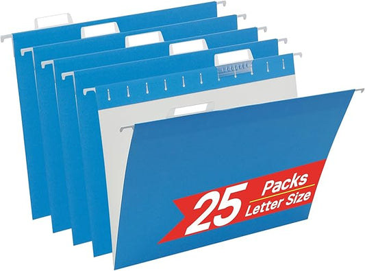 25 Packs Hanging File Folders,Blue Letter Size File Folder,Designed for Bulky Files,Filing Cabinet,1/5 Adjustable Cut Tabs for Office,School,Home