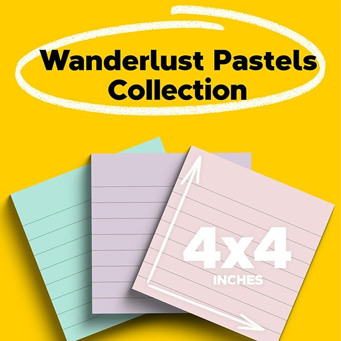 Post-it 100% Recycled Paper Super Sticky Notes, 2X The Sticking Power, 4x4 in, Lined, 3 Pads, 70 Sheets/Pad, Wanderlust Pastels Collection (675R-3SSNRP)