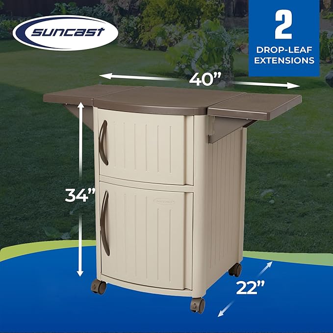 Suncast Serving Station Patio Cabinet, Portable Grill Prep Table, Light Taupe & Mocha - Includes Side Shelves, Storage Cabinets, Server Tray and Wheels for Outdoor BBQ Grilling and Backyard Dining