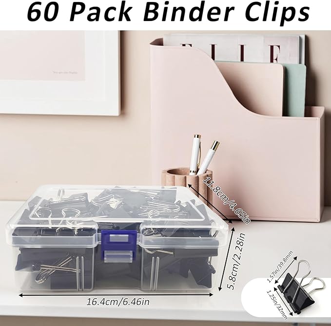 60 Pack Binder Clips Medium, 1.25 Inch/32mm Black Binder Paper Clips with Container,Big Paper Clamps for Office Supplies, Home, School,Business Document Organizing Paperwork (Black)