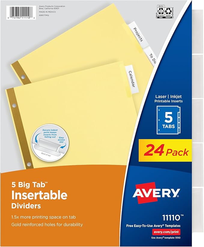 Avery Insertable Dividers for 3 Ring Binder, 5-Tab Set, Clear Big Tabs, Buff Paper with Gold-Reinforced, 24 Sets, Great for Organizing Projects, Reports, Finances, and More (11113)