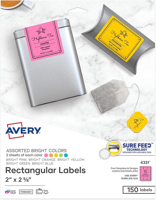 Avery Printable Labels with Sure Feed, 2" x 2-5/8", Assorted Bright Colors (Pink, Blue, Green, Yellow, and Orange), Laser & Inkjet Compatible, 150 Blank Labels Total (4331)