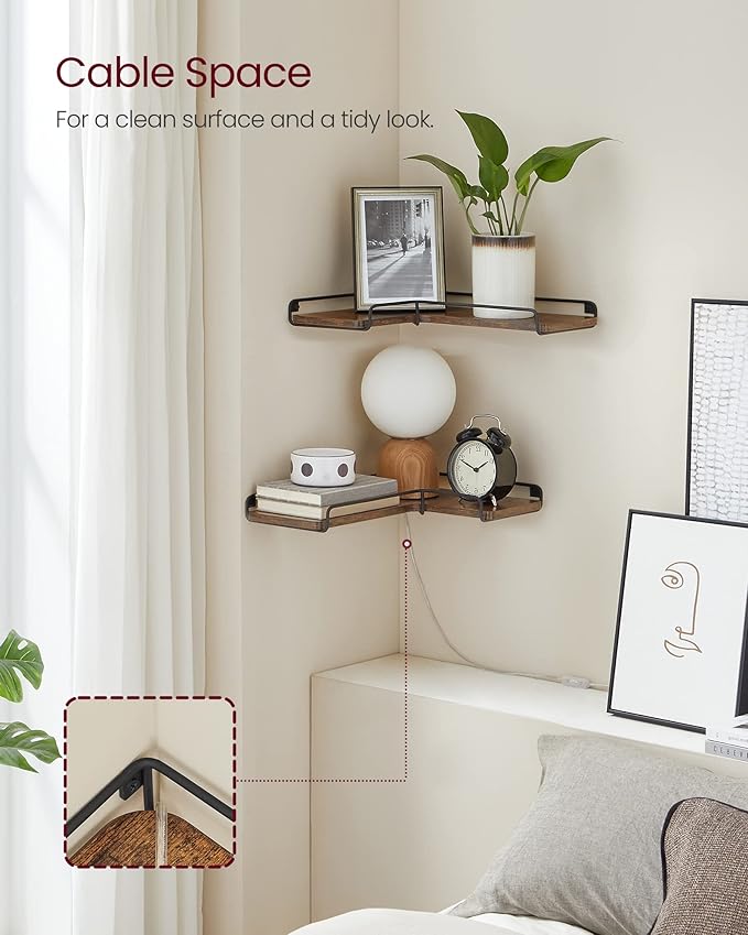 VASAGLE Corner Shelf Wall Mount Set of 2, Floating Shelves, Small Wall Shelf for Decor Storage, for Living Room Bedroom Kitchen Bathroom, Rustic Brown and Black ULLS831B01