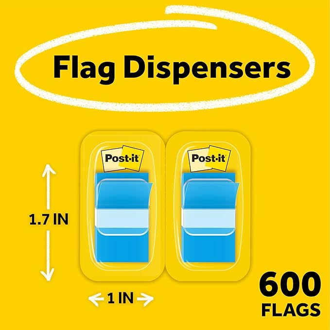 Post-it Flags, 1 in. x 1.7 in., Twelve Dispensers with 50-Count Blue Sticky Tabs Per Dispenser (600 Flags Total), Removable Page Markers for Planners, Journals, and Calendars