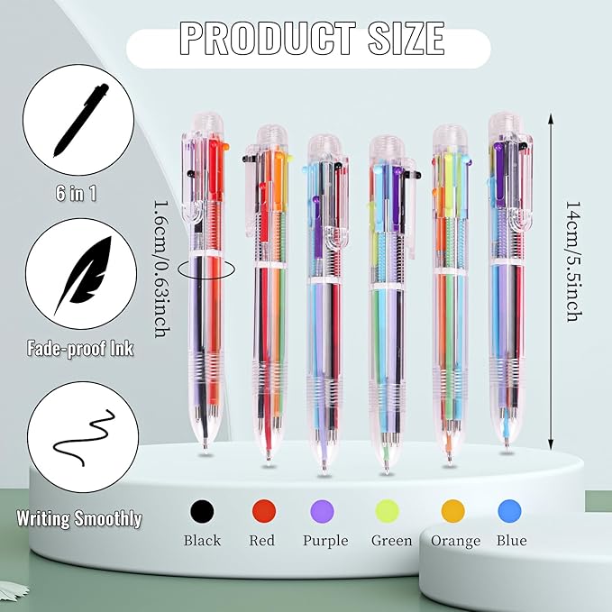JPSOR Multicolor Ballpoint Pen 36 Pack 6-in-1, Fun Pens, Party Favors Transparent Barrel Ballpoint Pen 6-Color 0.5mm for Office School Supplies Students Children Kids Gift