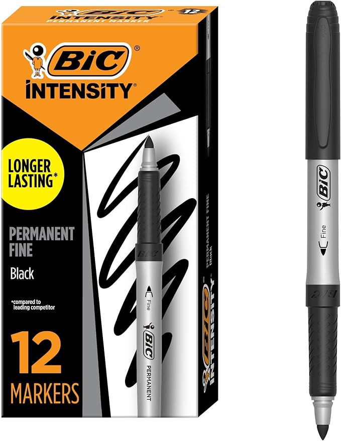 BIC Intensity Black Permanent Markers, Fine Point, 12-Count Pack of Black Markers With Non-Slip Grip for Comfort and Control