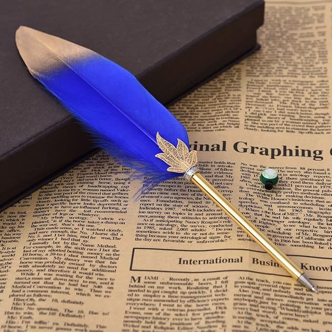 Quill Pen Vintage Feather Calligraphy Pen Refined Quill Ballpoint for Writing Signature or Gift Wedding Bridal (Blue)
