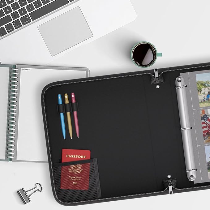 Fireproof 3 Ring Binder with Zipper, 1.5 Inch D Rings Hold up 375 Sheets of 8.5" x 11" (A4), Compatible with Clear Page Protectors, Built-in net and Pen Holder (2 Pcs, Black, 1.5")