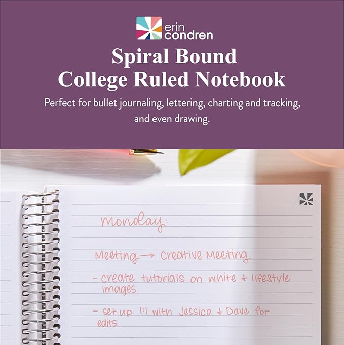 Erin Condren Journal for Women 8.5" x 11" Spiral Bound College Ruled Notebook - Flora Peony. 160 Lined Page Note Taking & Writing Notebook. 80 lb. Thick Mohawk Paper. Stickers Included