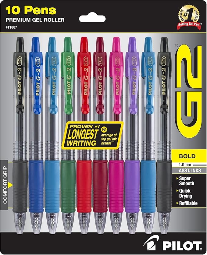 Pilot G2 Premium Retractable Gel-Ink Rolling Ball Pens, Bold Point (1.0mm), 1.0 Gel Pens, Assorted, 10-Pack - Ideal for School, Journaling, & Office Writing