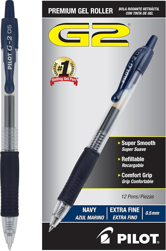 Pilot, G2 Premium Gel Roller Pens, Extra Fine Point 0.5 mm, Pack of 12, Navy